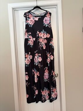 Sleeveless Black Maxi Dress with Pink Floral Print